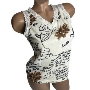 Y2K Cream Lace Trim Tank Top S Floral Script Print Grunge Coquette Indie Soft